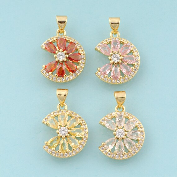 Gold CZ Flower Charms,Plant Jewelry,Flower Pendant for DIY Jewelry Making,18K Gold