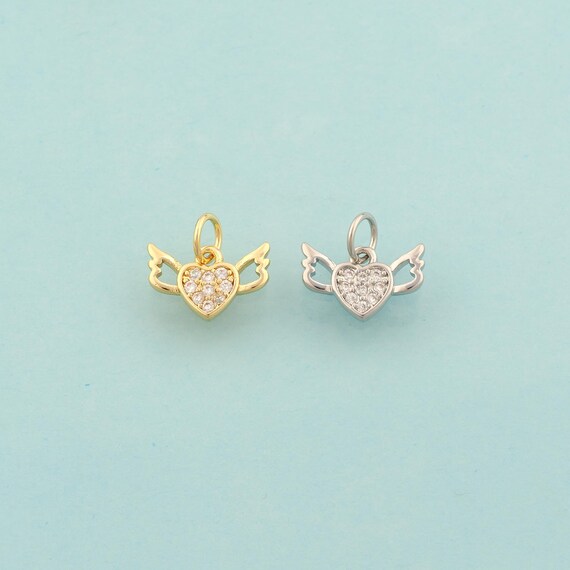 Gold CZ Heart Charms,Love Jewelry,Angel Wings Pendant for DIY Jewelry Making,18K Gold