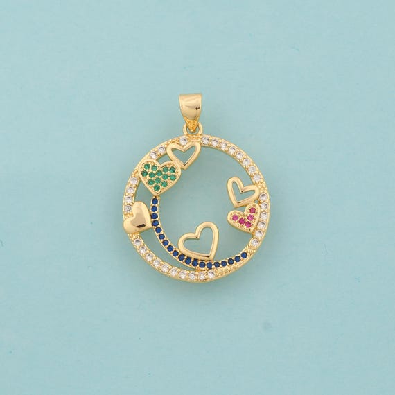 Gold CZ Heart Charms,Love Jewelry,Round Pendant for DIY Jewelry Making,18K Gold