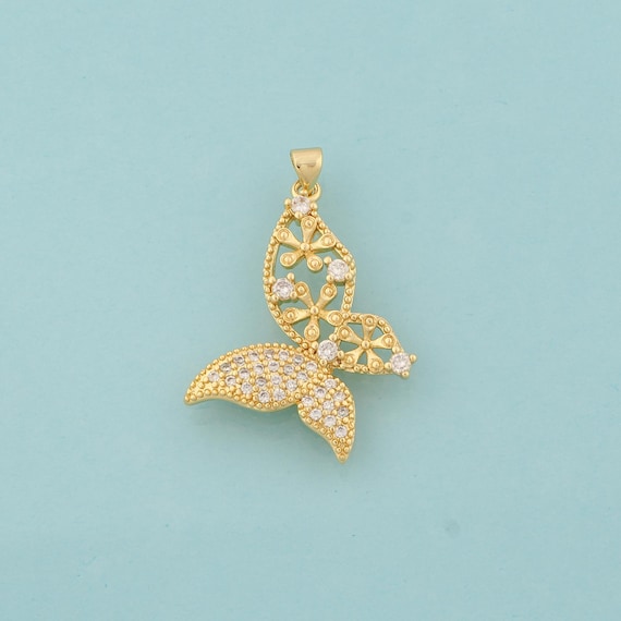 Gold CZ Butterfly Charms,Insect Jewelry,Flower Pendant for DIY Jewelry Making,18K Gold