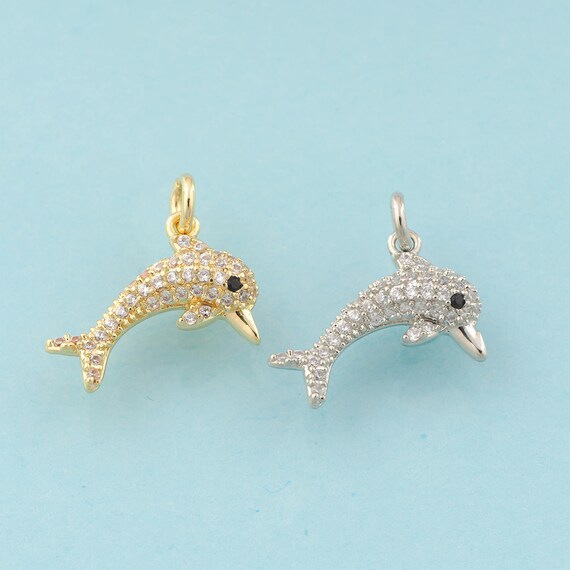 Gold CZ Dolphin Charms,Marine Life Jewelry,Dolphin Pendant for DIY Jewelry Making,18K Gold & Rhodium