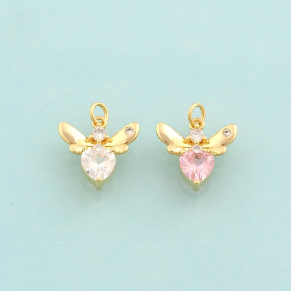 Gold CZ Firefly Charms,Insect Jewelry,Heart Pendant for DIY Jewelry Making,18K Gold