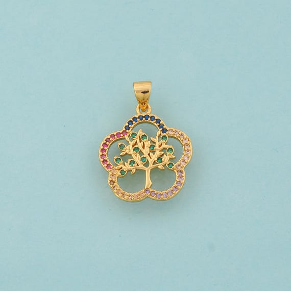 Gold CZ Tree of Life Charms,Flower Jewelry,Tree Pendant for DIY Jewelry Making,18K Gold
