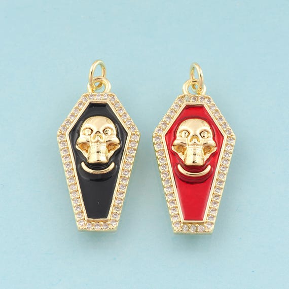Gold CZ Coffin Charms,Skull Jewelry,Enamel Coffin Pendant for DIY Jewelry Making,18K Gold