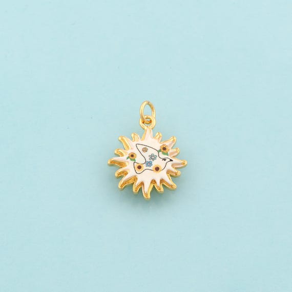 Gold Sun Charms,Peace Dove Jewelry,Enamel Sunburst Pendant for DIY Jewelry Making,18K Gold
