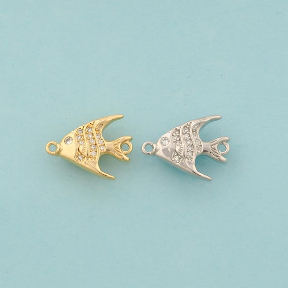Gold CZ Fish Connector,Marine Life Jewelry Connector,Fish Connector for DIY Jewelry Making,18K Gold & Rhodium