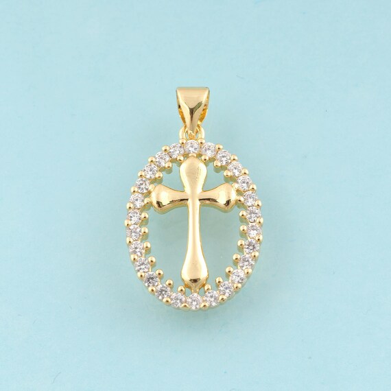 Gold CZ Cross Charms,Religious Jewelry,Christian Pendant for DIY Jewelry Making,18K Gold
