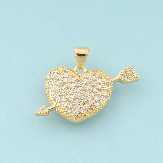 Gold CZ Heart Charms,Arrow Jewelry,Arrow Pendant for DIY Jewelry Making,18K Gold