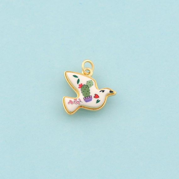 Gold Peace Dove Charms,Cactus Jewelry,Enamel Animal Pendant for DIY Jewelry Making,18K Gold