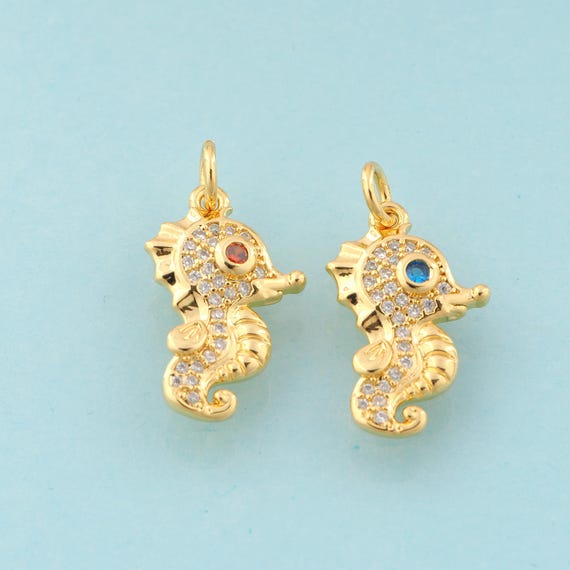 Gold CZ Seahorse Charms,Marine Life Jewelry,Seahorse Pendant for DIY Jewelry Making,18K Gold