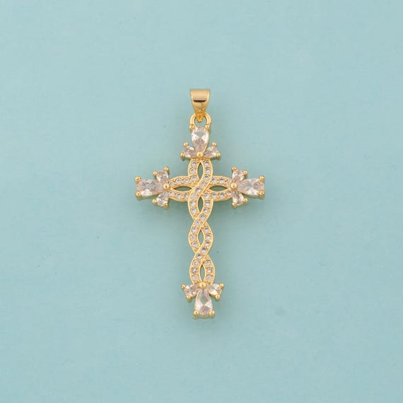 Gold CZ Cross Charms,Religious Jewelry,Christian Pendant for DIY Jewelry Making,18K Gold