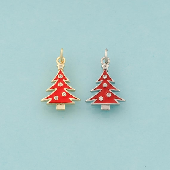 Gold CZ Christmas Tree Charms,Christmas Jewelry,Enamel Christmas Tree Pendant for DIY Jewelry Making,18K Gold