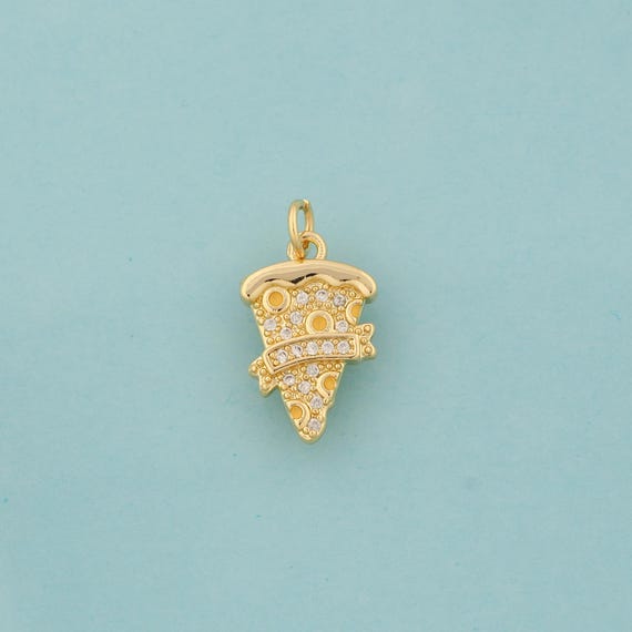 Gold CZ Pizza Charms,Gourmet Jewelry,Pizza Pendant for DIY Jewelry Making,18K Gold
