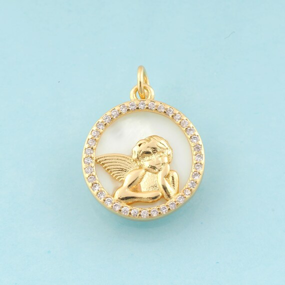 Gold CZ Angel Charms,Round Jewelry,Angel Pendant for DIY Jewelry Making,18K Gold