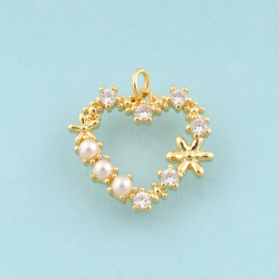 Gold CZ Heart Charms,Flower Jewelry,Heart Pendant for DIY Jewelry Making,18K Gold