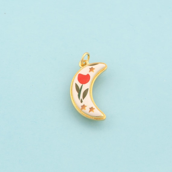 Gold Enamel Moon Star Charms,Flower Jewelry,Celestial Pendant for DIY Jewelry Making,18K Gold