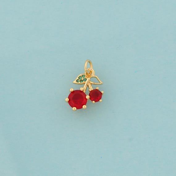 Gold Cherry Charms,Fruit Jewelry,CZ Cherry Pendant for DIY Jewelry Making,18K Gold