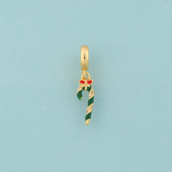 Gold CZ Christmas Cane Charms,Bow Jewelry,Enamel Christmas Pendant for DIY Jewelry Making,18K Gold