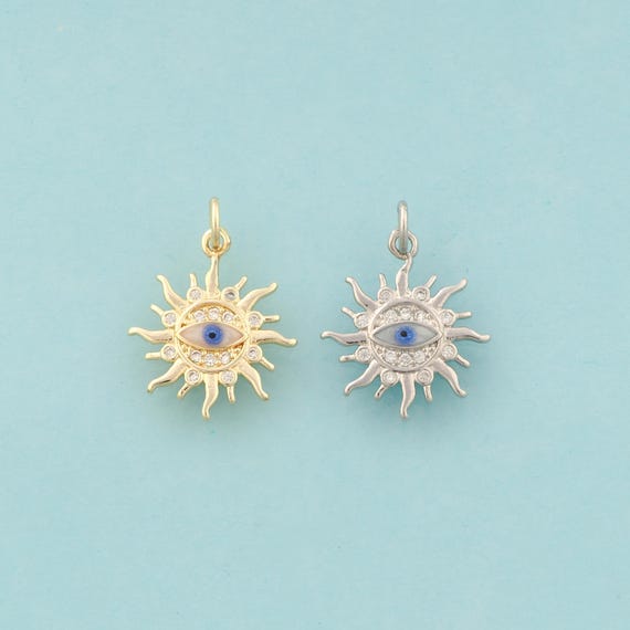 Gold CZ Sun Charms,Evil Eye Jewelry,Devil Eye Pendant for DIY Jewelry Making,18K Gold