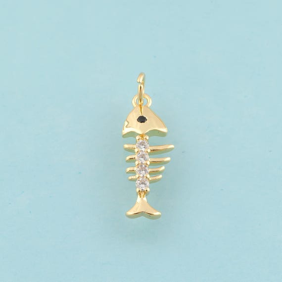 Gold CZ Fishbone Charms,Fishbone Jewelry,Fishbone Pendant for DIY Jewelry Making,18K Gold