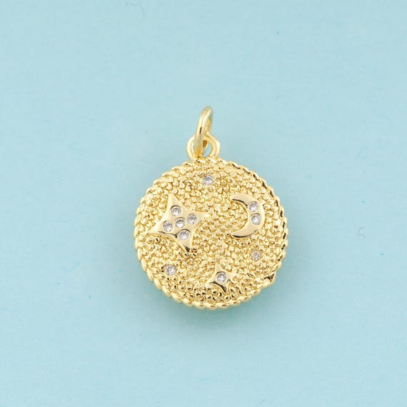 Gold CZ Moon Charms,Star Jewelry,Round Pendant for DIY Jewelry Making,18K Gold