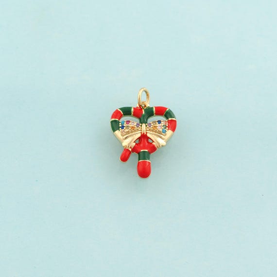 Gold CZ Christmas Heart Charms,Christmas Jewelry,Enamel Bow Pendant for DIY Jewelry Making,18K Gold