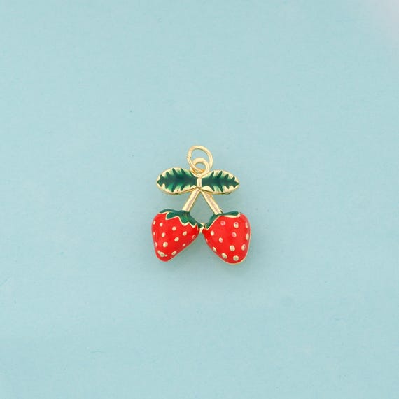 Gold Enamel Cherry Charms,Fruit Jewelry,Strawberry Pendant for DIY Jewelry Making,18K Gold