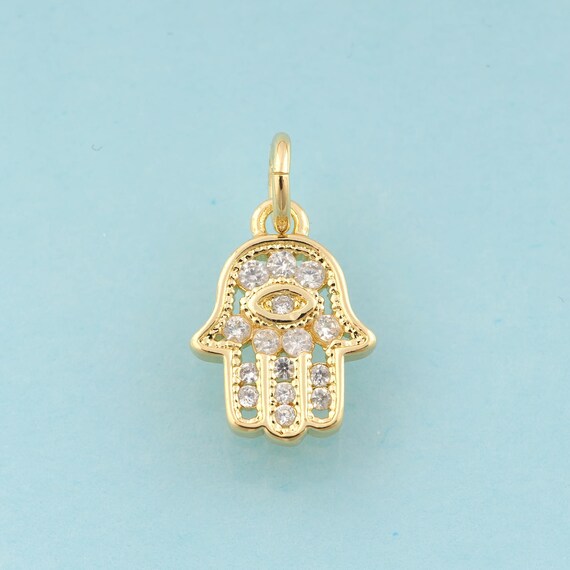 Gold CZ Hamsa Charms,Fatima Jewelry,Evil Eye Pendant for DIY Jewelry Making,18K Gold