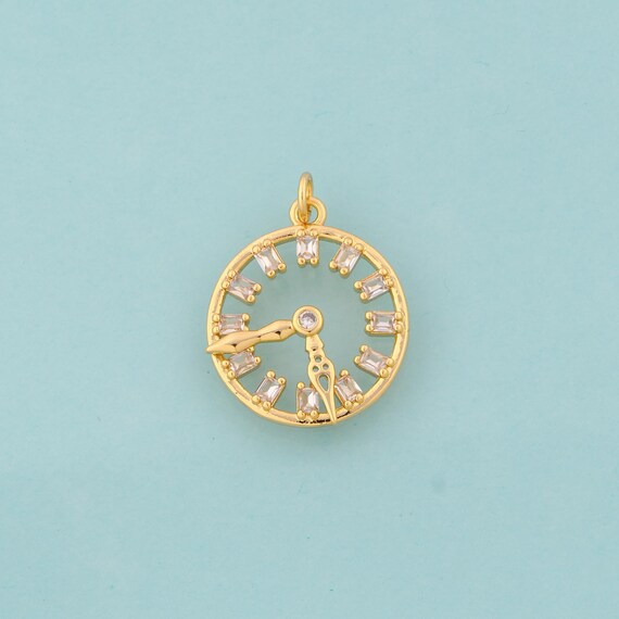 Gold Clock Charms,Time Jewelry,CZ Clock Pendant for DIY Jewelry Making,18K Gold