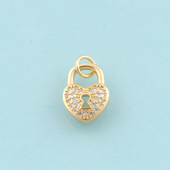 Gold CZ Lock Charms,Heart Jewelry,Heart Pendant for DIY Jewelry Making,18K Gold