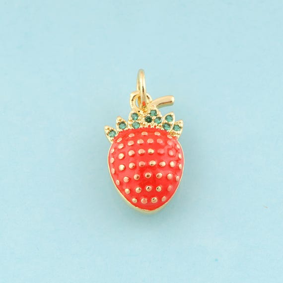 Gold CZ Strawberry Charms,Fruit Jewelry,Enamel Strawberry Pendant for DIY Jewelry Making,18K Gold