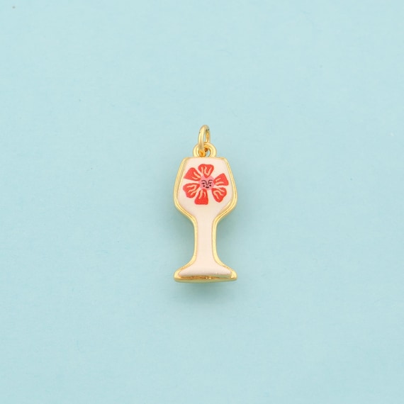 Gold Enamel Goblet Charms,Wine Glass Jewelry,Flower Pendant for DIY Jewelry Making,18K Gold