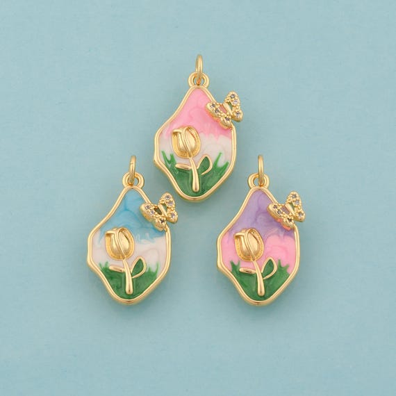 Gold CZ Butterfly Charms,Flower Jewelry,Enamel Insect Pendant for DIY Jewelry Making,18K Gold