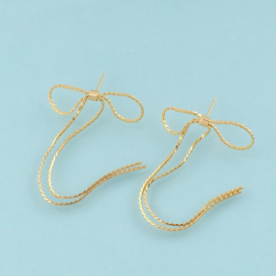 Gold CZ Tassel Stud Earrings,Bow Jewelry Stud Earrings,Bow Stud Earrings,Gift for Her,18K Gold