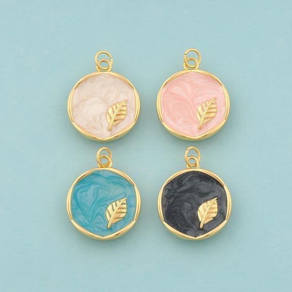 Gold Leaf Charms,Round Jewelry,Enamel Leaf Pendant for DIY Jewelry Making,18K Gold