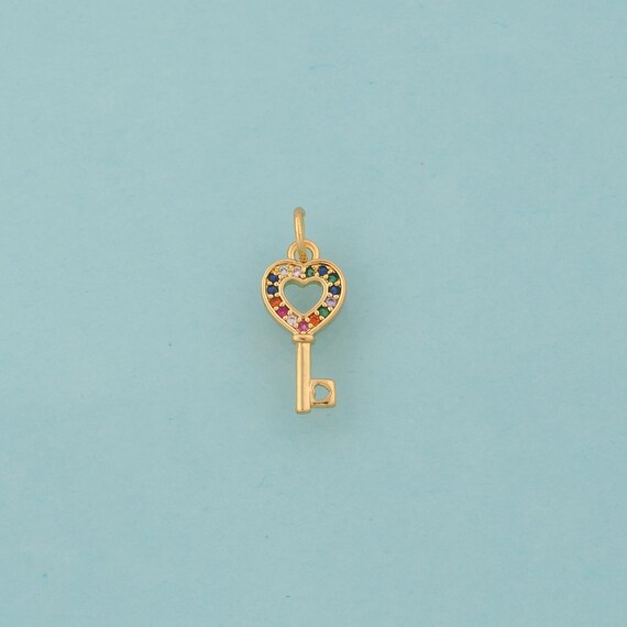 Gold CZ Heart Charms,Love Jewelry,Key Pendant for DIY Jewelry Making,18K Gold