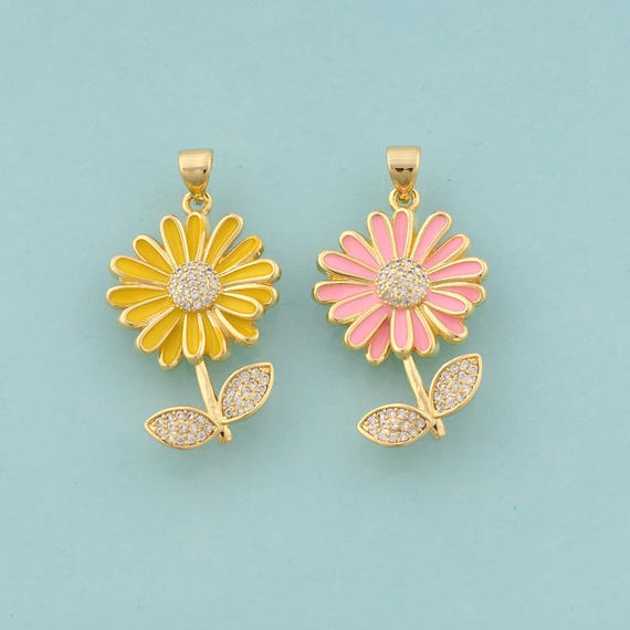 Gold CZ Daisy Charms,Flower Jewelry,Enamel Daisy Pendant for DIY Jewelry Making,18K Gold