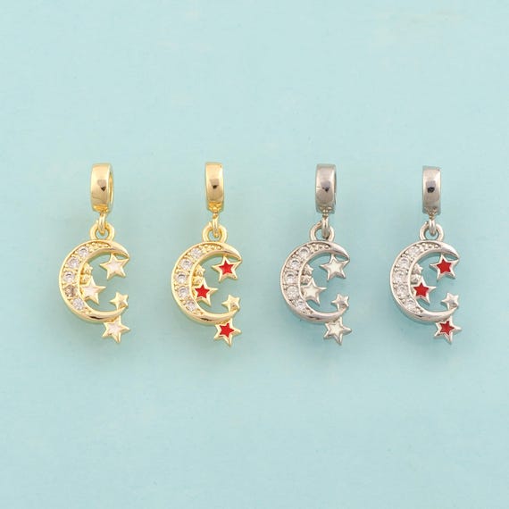 Gold CZ Moon Star Charms,Celestial Jewelry,Enamel Star Moon Pendant for DIY Jewelry Making,18K Gold
