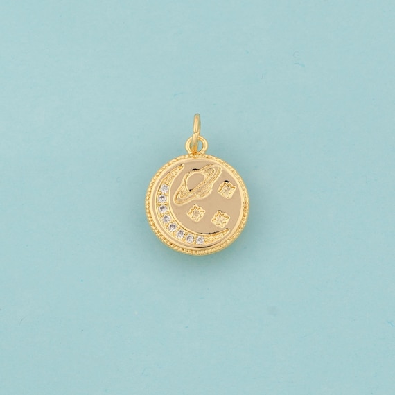 Gold Moon Charms,Saturn Jewelry,CZ Star Pendant for DIY Jewelry Making,18K Gold
