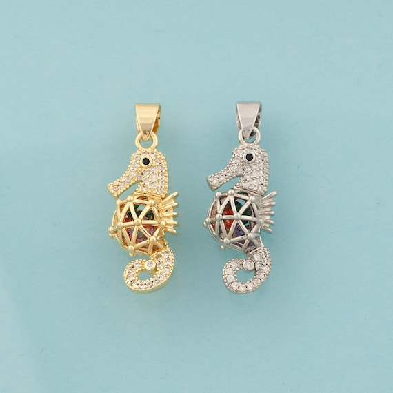 Gold CZ Seahorse Charms,Seahorse Jewelry,Seahorse Pendant for DIY Jewelry Making,18K Gold & Rhodium