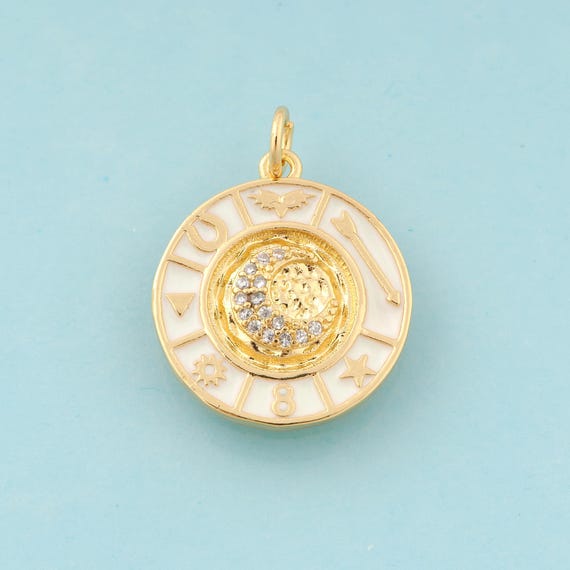 Gold Enamel Astrolabe Charms,CZ Moon Jewelry,Wing Pendant for DIY Jewelry Making,18K Gold