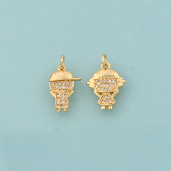 Gold CZ Character Charms,Boy Jewelry,Girl Pendant for DIY Jewelry Making,18K Gold