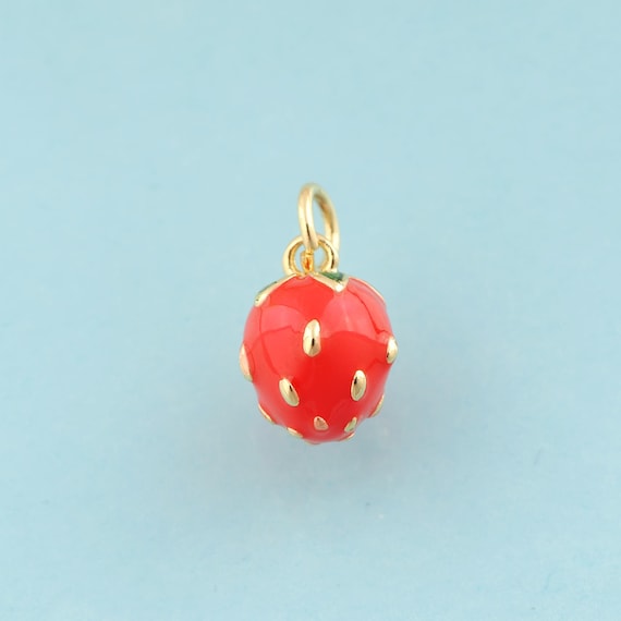 Gold Enamel Strawberry Charms,Fruit Jewelry,Strawberry Pendant for DIY Jewelry Making,18K Gold