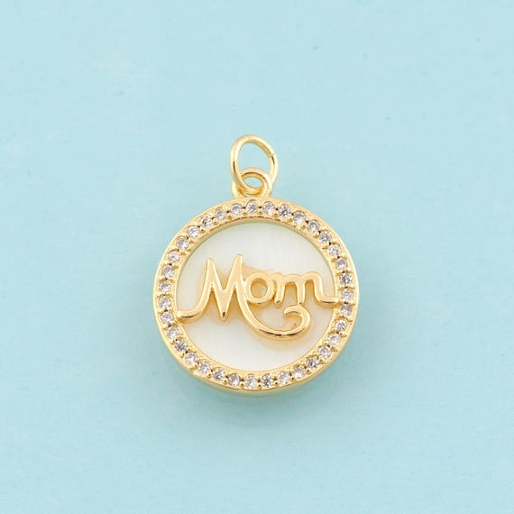 Gold CZ MOM Charms,Round Jewelry,Fritillaria Letter Pendant for DIY Jewelry Making,18K Gold