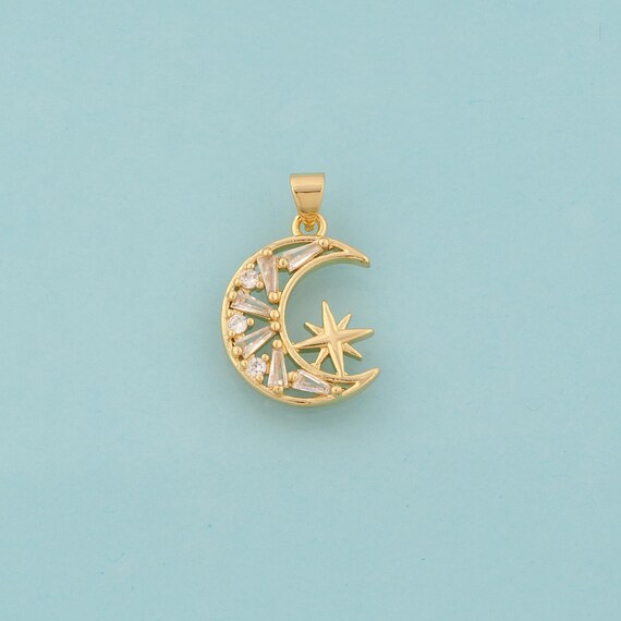 Gold CZ Moon Charms,Celestial Jewelry,Star Pendant for DIY Jewelry Making,18K Gold & Rhodium