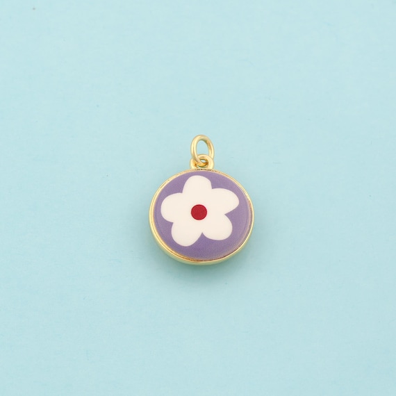 Gold Enamel Flower Charms,Round Jewelry,Flower Pendant for DIY Jewelry Making,18K Gold