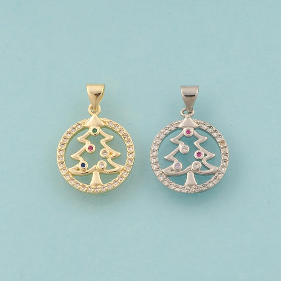 Gold CZ Christmas Tree Charms,Christmas Jewelry,Round Pendant for DIY Jewelry Making,18K Gold