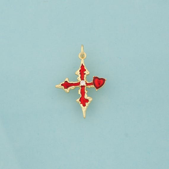 Gold Enamel Cross Charms,Religion Jewelry,Heart Pendant for DIY Jewelry Making,18K Gold