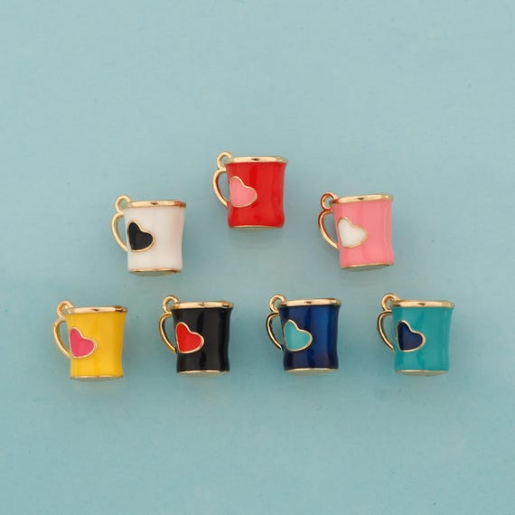 Gold Enamel Water Cup Charms,Heart Jewelry,Water Cup Pendant for DIY Jewelry Making,18K Gold