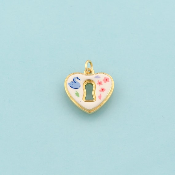 Gold Heart Charms,Lock Jewelry,Enamel Swan Pendant for DIY Jewelry Making,18K Gold
